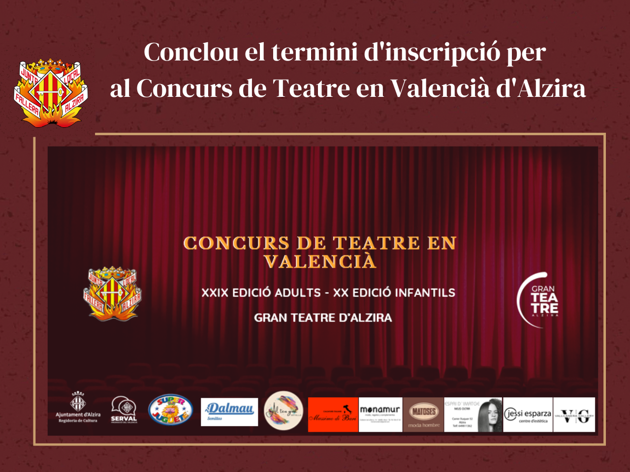 Imatge portada de la noticia Inscripcions finalitzades del Concurs de Teatre en Valencià d'Alzira